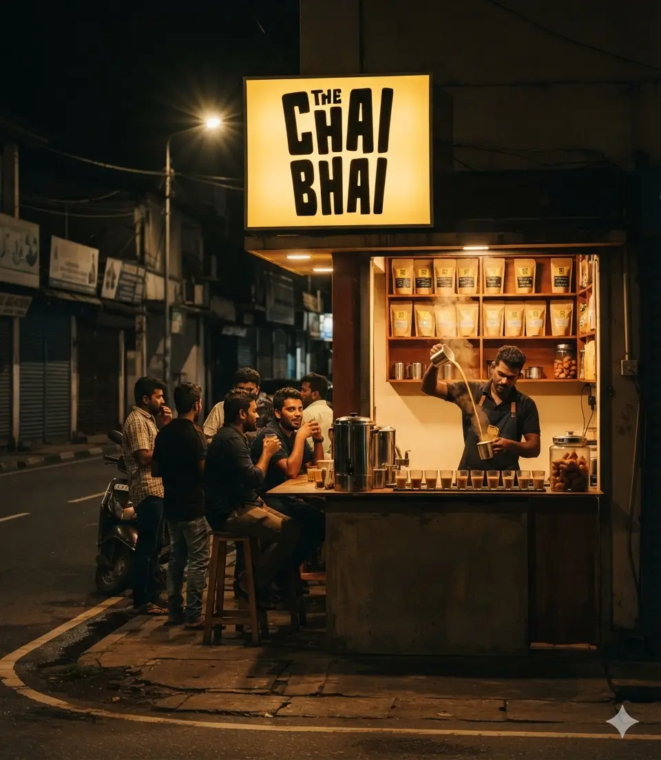 A Chai Bhai outlet at night, chai being poured while customers sit at the counter